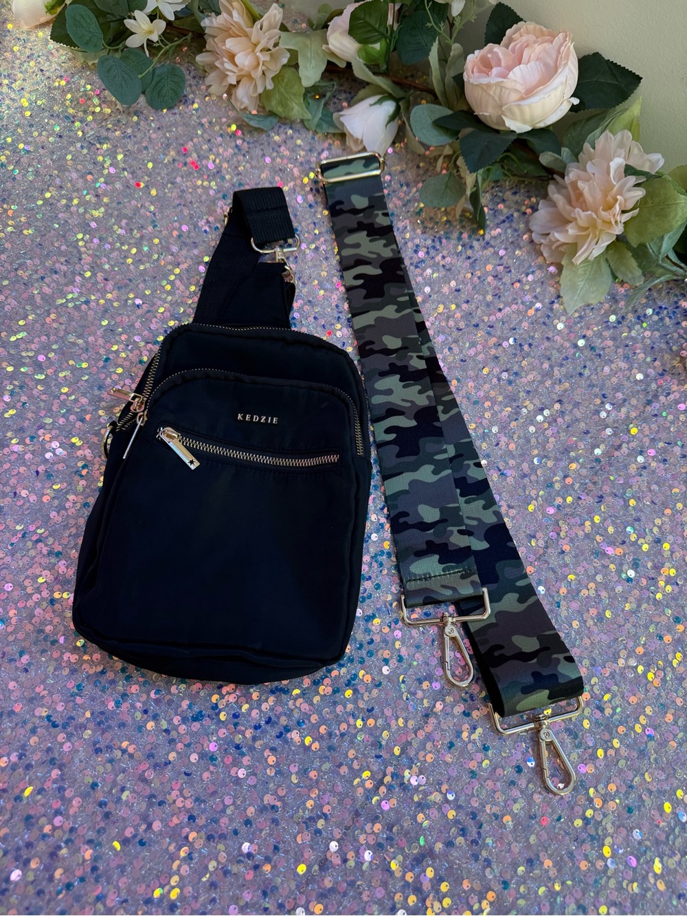 Kedzie Black Roundtrip Convertible Sling Bag with Replacement Camouflage Strap